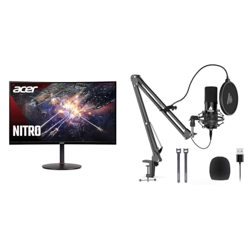 Image of Acer Nitro XZ270 Xbmiipx 27 inch 1500R Curved Full HD (1920 x 1080) VA Zero-Frame Gaming Monitor & USB Microphone, MAONO 192KHZ /24Bit Plug & Play PC Computer Podcast Condenser Cardioid Metal Mic Kit