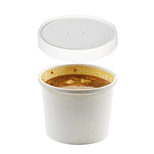 (Set of 25) 8-Ounce Poly-Coated White Paper Soup Containers with Vented Lids Combo, Hot/Cold Food Cups - Ice Cream/Frozen Yogurt, Paper Soup Cups to-Go/Take-Out Food Containers by Tezzorio