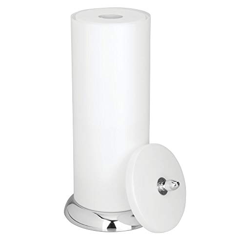 mDesign Plastic Free Standing Toilet Paper Holder Canister with Storage for 3 Extra Rolls of Toilet Tissue - for Bathroom/Powder Room - Holds Mega Rolls - Pearl White/Chrome