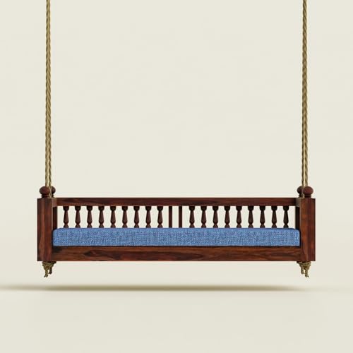 Image of Wooden Swing for Balcony | Sheesham Wood 3 Seater Jhula with Cushion, Heavy Duty Hanging Sofa Bench for Living Room, Indoor Traditional Indian Wooden Swing | Walnut Finish