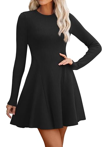 OFEEFAN Sweater Dress for Women Fall 2025 Long Sleeve Crew Neck Ribbed Knit Fit and Flare A-Line Dresses2