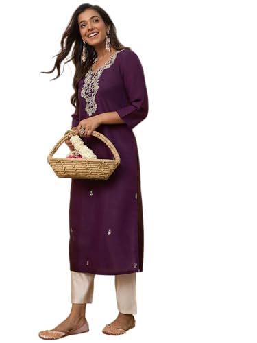 Image of Women's Embroidered Silk Straight Kurta Kurti | Below Knee Kurtas for Women Traditional Indian Wear Outfit Suitable Casual Festive Office Styling