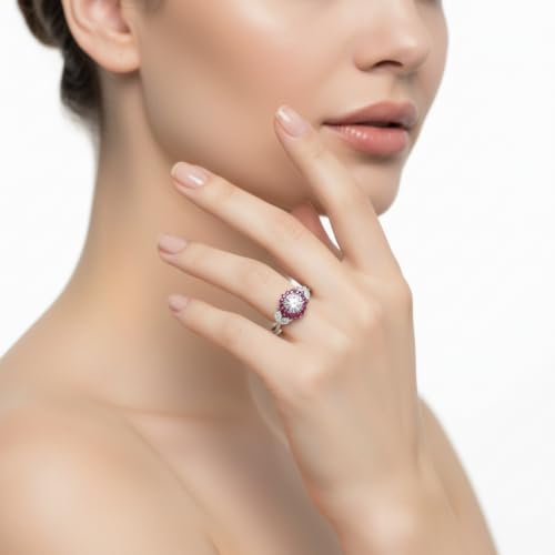 Image of 55Carat Choose Your Gemstone Flower Halo Split Shank Diamond CZ Ring Sterling Silver Round Shape Halo Engagement Rings Everyday Jewelry Wedding Jewelry Handmade Gifts for Wife US Size 4 to 12