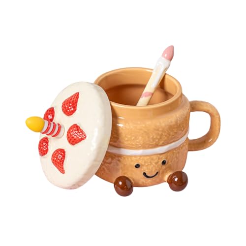 Tazas De Café Fantasía - Construcción De Cerámica De 400 Ml Con Tapa Y Cuchara, Diseño Estético En Forma De Pastel, Material Para Microondas Y Lavavajillas, Accent Amus
