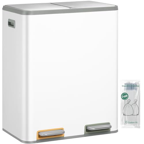 Hzuaneri Mülleimer Küche Mülltrennsystem 2 Fächer 60L (2 x 30 L) Edelstahl-küchenmülleimer Tretmülleimer mit Farbcodierbaren Pedalen Abfalleimer Ruhiger Langsamer Abstieg Weiß SW23099W