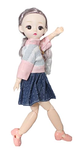 Image of Tickles Set Movable Jointed Cute Girl Brown Eyes Fashionable Doll with Pink Top and Blue Skirt for Kids Girls Birthday Gifts (Size: 30 cm Color: Blue & Pink)