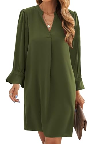 Image of Wkior Womens Fall Ruffle Long Sleeve V Neck Shift Dresses (S-XXL) | Casual Loose Design, Breathable Fabric, Fall Lightweight Clothes,Vacation Travel Outfit, Essential Fashion Dress