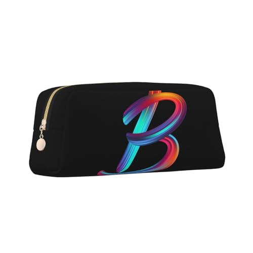 Image of Cute Initial Pencil Case for Kids Simple Leather Pencil Pouch for Boys Girls Letter Design Pencil Box Pen Bag Pencil Pouch Office Stationery Organizer, Rainbow Letter B