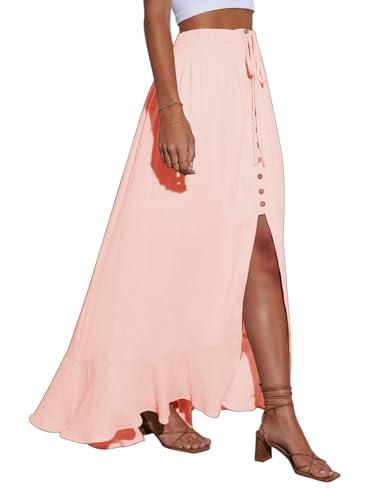 Image of Minclouse Women's Elastic Tie Waist Button Down Maxi Skirts Casual Loose Flowy Swing Slit Front Dress