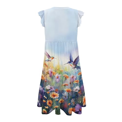Image of Women's Casual Ruffle Sleeve Dress V Neck Pullover Dress Flowy A-Line Pleated Lightweight Dress with Pockets