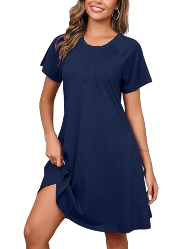 Image of Heymoments Women's Short Sleeve Crew Neck Summer DressesComfy Swing Dress Navy Blue Small Casual T-Shirt Loose Midi Vacation Teacher Sundress with Pockets