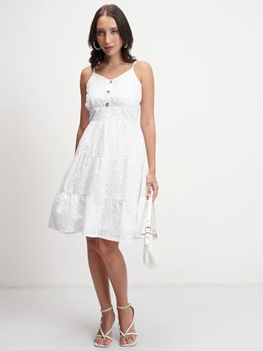 Image of Tokyo Talkies Womens Classic White Solid Flared Short Dress | Shoulder Straps & Front Button Detailing | Dress for Women | Women Dress | Stylish Women Dress