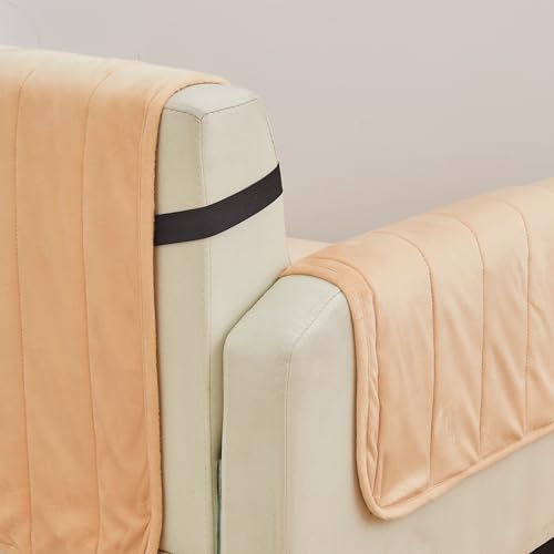 Image of Great Bay Home Velvet Loveseat Cover - Washable Slipcover Furniture Protector with Elastic Straps - Furniture Cover for Dogs, Kids, and Pets - Stitched Detail (Peach)