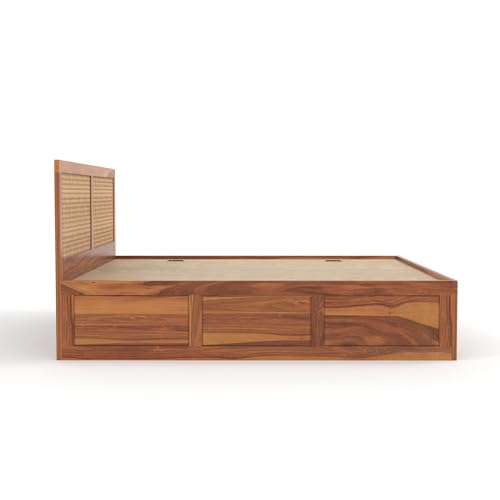 Image of Sheesham Wood Cane Bed with Box Storage for Bedroom | Queen Size Wooden Double Bed Palang with Rattan Headboard & Footboard (Honey Finish)