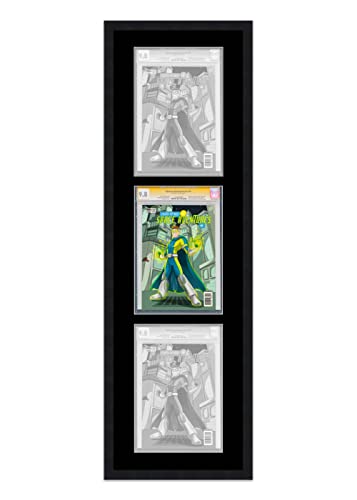 Comic Book Frame Black Wood with Black Mat - 3 Openings to Display (3) Graded Comic Books CGC, CBCS or PGX Vertically - with UV Resistant Acrylic, Backing & Hardware