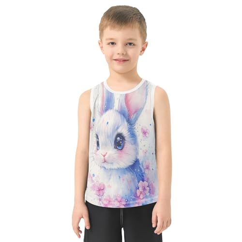 Boys Tank Top Shirts Watercolor Rabbit Pink Flower Bunny Sleeveless T-Shirts Crew Neck for Kids Clothing Children2