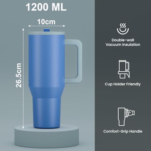 Image of House of Quirk 1200ML Tumbler with Handle & Simple Flip Straw - Car Cup Holder Friendly, Leak Resistant Stainless Steel Water Bottle with Rubber Base (Blue /Grey)