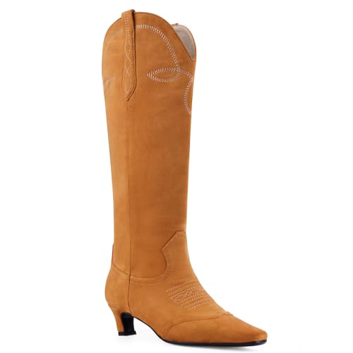 Knee High Straight Leg Boots for Women Pointed Toe Embroidery Design and Faux Leather Casual Fashion Boots