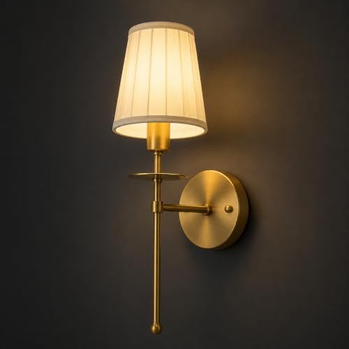Image of Antique Gold Long Lamp with Cream Pleated Fabric Shade Lamp | Wall Lamp with Metal Frame | Decorative Lighting Fixture for Living Room, Bedroom, Hallway