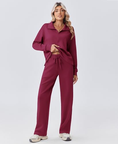 Image of PINSPARK 2 Piece Sets for Women 1 /2 Zip Sweatsuit Loose Fit Sweatshirt Straight Leg Pants 2026 Matching Outfit Fall Tracksuit