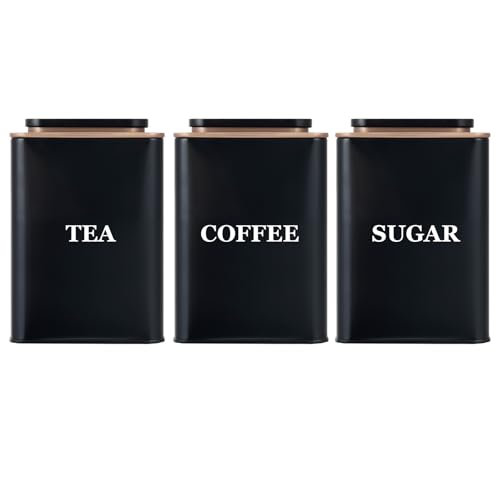 Bayseun Tea Coffee Sugar Canisters Set of 3 Tea Coffee and Sugar Canisters for Home Easy Open & Airtight Lids Decorative Food Caddy Kitchen Storage Jars Decorative Stainless Tins (BLACK SQUARE)