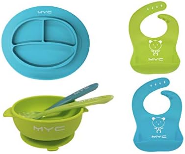 MYC Babystyle 6pc Baby Feeding Set, Toddler Bowl and Plate Set, 2 Silicone Bibs+ 2 Spoons+ 1 Suction Plate+ 1 Suction Bowl, Baby Dinnerware Set (Blue+Green)