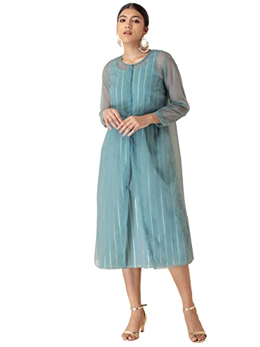 Image of Indya Women's Fit and Flare Cotton Striped Chanderi Dress with Organza Jacket Midi