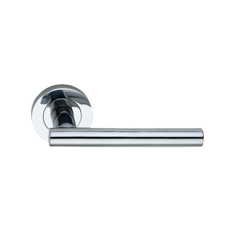 Infinity Decor Pair of Straight T- Bar Lever Door Handle on Round Rose Set Passage Pull Handles in Polished Chrome Finish for Interior and Exterior Use - Image 2