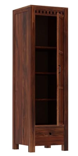 Image of WOODLAB Furniture Solid Sheesham Wood Single Door and Drawer Storage Wardrobe for Home | Wooden Almirah for Bedroom (Honey Finish)