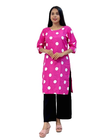 Image of Trendy Kurti|Pink Coin Printed 3 /4 Sleeve Kurti|Fashionable Dress|Poly Crepe Polka Dot Knee Length Girls Short Kurti|Boat Neck Dress for Daily, Casual Wear
