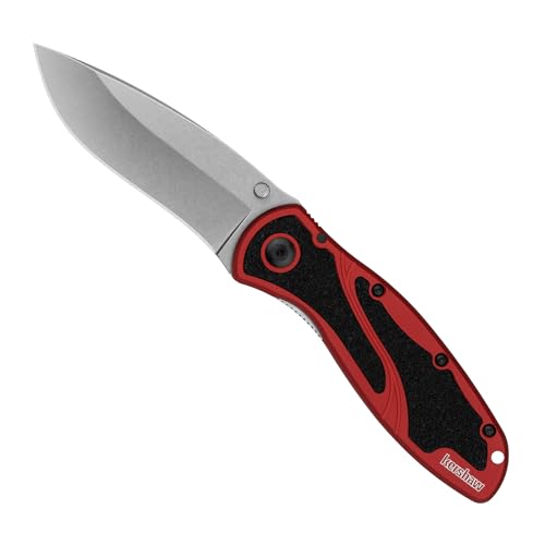 Image of Kershaw Blur Folding Pocket Knife, 3.4 inch Stonewashed 14C28N Steel Blade, Red Anodized Aluminum Handle with Black Trac-Tec Inserts, Reversible Pocketclip; 3.9 OZ