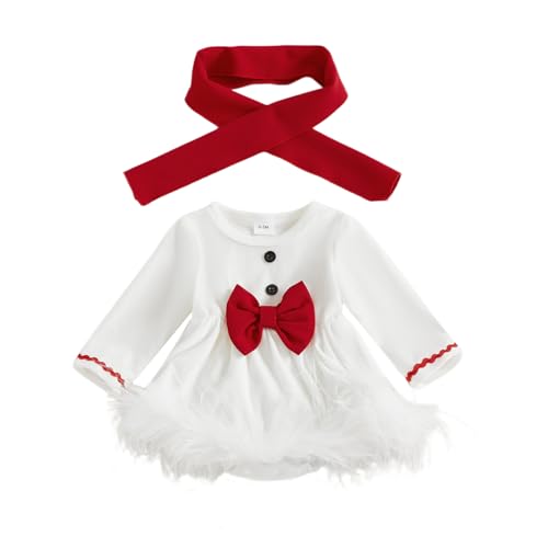 Lshyuehao Baby Girls Christmas Outfit Long Sleeve Snowman Romper Dress with Headband Set Infant Xmas Clothes (A-White 0-3 Months)