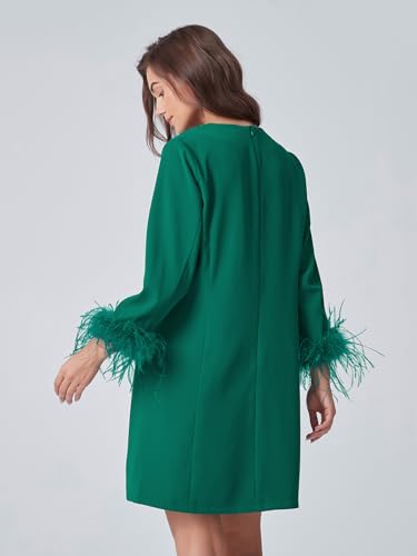Image of D-Sun Women Feather Dress 3 /4 Feather Sleeves Mini Dress | Round Neck,Elegant Party Dress, Wedding Guest Cocktail Dresses with Pocket