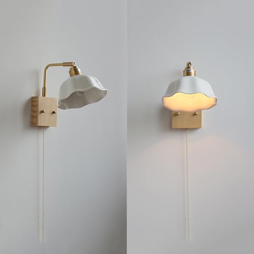 Aplique de pared moderno de madera y cristal con interruptor de cadena de latón 3