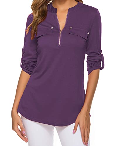 Work Clothes for Women Casual Office V Neck Collared Dress Shirts Tops Purple L