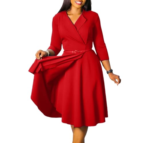 Image of Elainone Women 3 /4 Sleeve Casual Swing Flared A Line Dress Wedding Guest Semi Formal Office Work Dresses with Belt