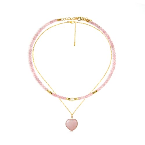GDLKPYHS Rose Quartz Heart Necklace Pink Tourmaline Bead Necklace Healing Crystal Ayered Necklaces for Women, Mom Gifts Mothers Day Gifts Handmade Necklaces Spiritual Jewelry for Women