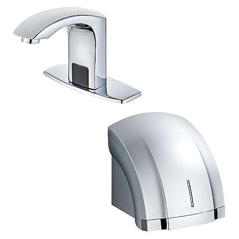 Chrome Touchless Bathroom Faucet and Silver Commercial automatic Hand Dryer Set Cover