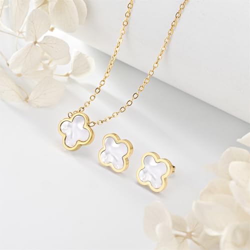 Clover Necklace and Stud Earrings Jewelry Set White Black Red Clover Pendant Necklace 18k Gold Plated Four Leaf Clover Necklace Earrings Set Gifts for Women4