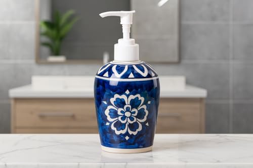 Image of HS HINDUSTANI SAUDAGAR Royal Blue Flower Ceramic Liquid soap Dispenser 500ml Handmade Hand wash Bottle for Bathroom Kitchen Sink wash Basin Shampoo Lotion Dispenser Ideal for Decor Daily use & Gift.