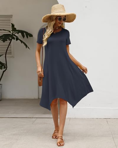 Image of COSSEN Women's 2026 Summer Midi Dress Crew Neck Short Sleeve Casual Tshirt Flowy Loose Sundress with Pockets