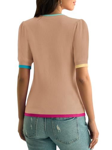 Image of Yousify Womens Puff Short Sleeve Sweater Top Summer Trendy Crew Neck Casual T Shirts Blouses
