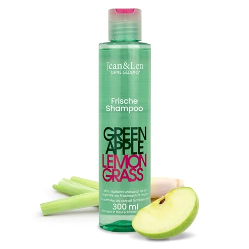 Jean & Len Champú Frescor Manzana Verde & Lemongrass, para cabello graso, equilibra el cuero cabelludo, con aroma a manzana, sin siliconas ni parabenos, vegano, 300 ml