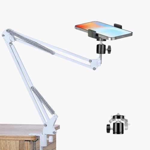 Image of Overhead Tripod Mount Hinged Arm with Mobile Phone Holder, Adjustable Suspension Scissor Desk Clamp Stand for Video Recording, Live Streaming, Webcam, Ring Light (White Mount Hinged Arm)