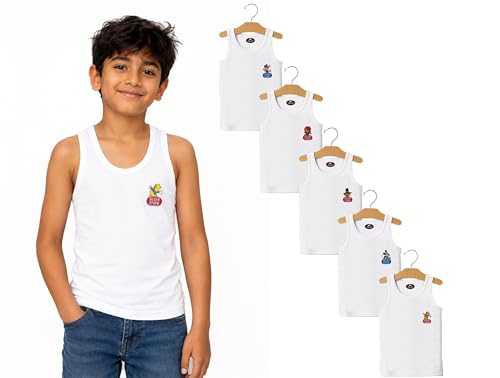 Image of White Sleeveless Regular Fit Cotton Cartoon Printed Baniyan /Vest Innerwear for Kids /Boys (Pack of 5)