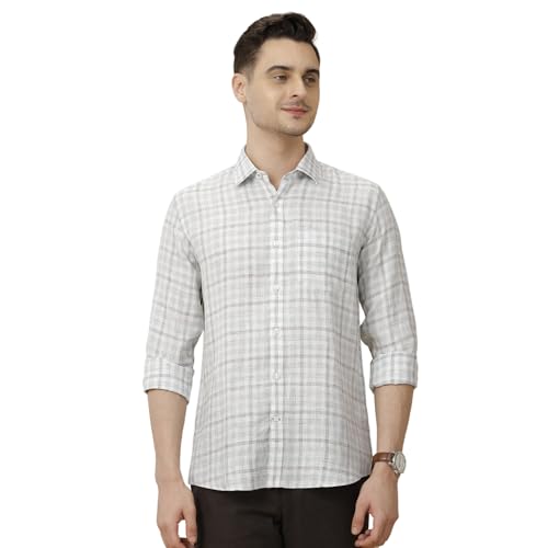 Image of Linen Club Men's Pure Linen Blue Checked Contemporary Fit Half Sleeve Casual Shirt