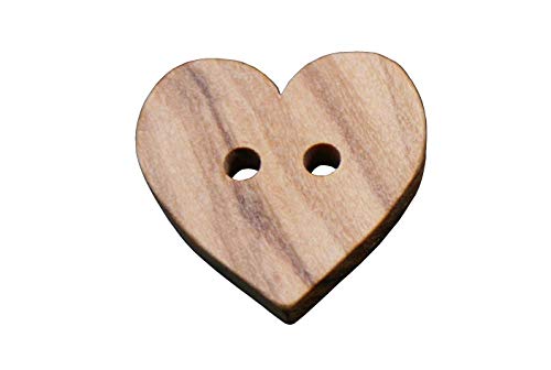 Bonitos botones de madera con 2 agujeros en forma de corazón de madera de olivo auténtica y vetas parcialmente visibles (10 unidades) (15 mm) Cover