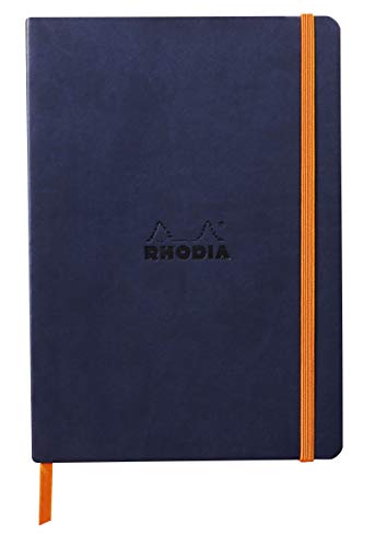 RHODIA 117378C - Midnight Blue Flexible Notebook - A5 - Lined - 160 pages - Clairefontaine Ivory Paper 90 g/m - Bookmark, Elastic Closure - Faux Leather Cover - Rhodiarama Collection