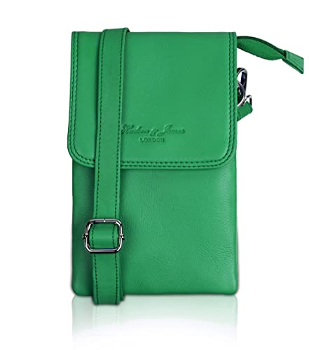 1 portachiavi staccabile Hudson & James Borsa per telefono in vera pelle, borsa per telefono in vera pelle, piccola borsa a tracolla da donna con tracolla regolabile staccabile, Verde, Small