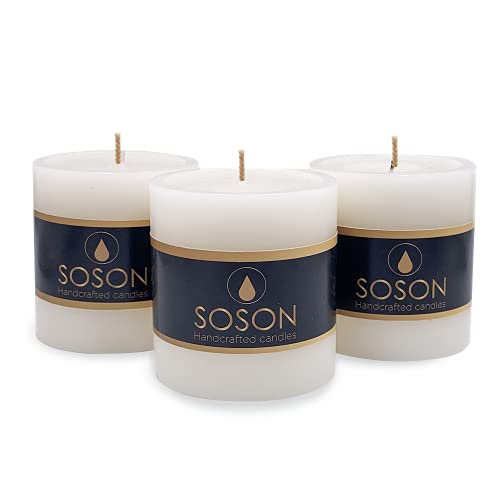 Simply Soson Smooth 3x3 Cotton Ivory Candles | Pillar Candles for Home | Unscented Candles & Dripless Pillar Candles | Long Lasting Candles | Large Candle for Home | 3 Pack of Candles